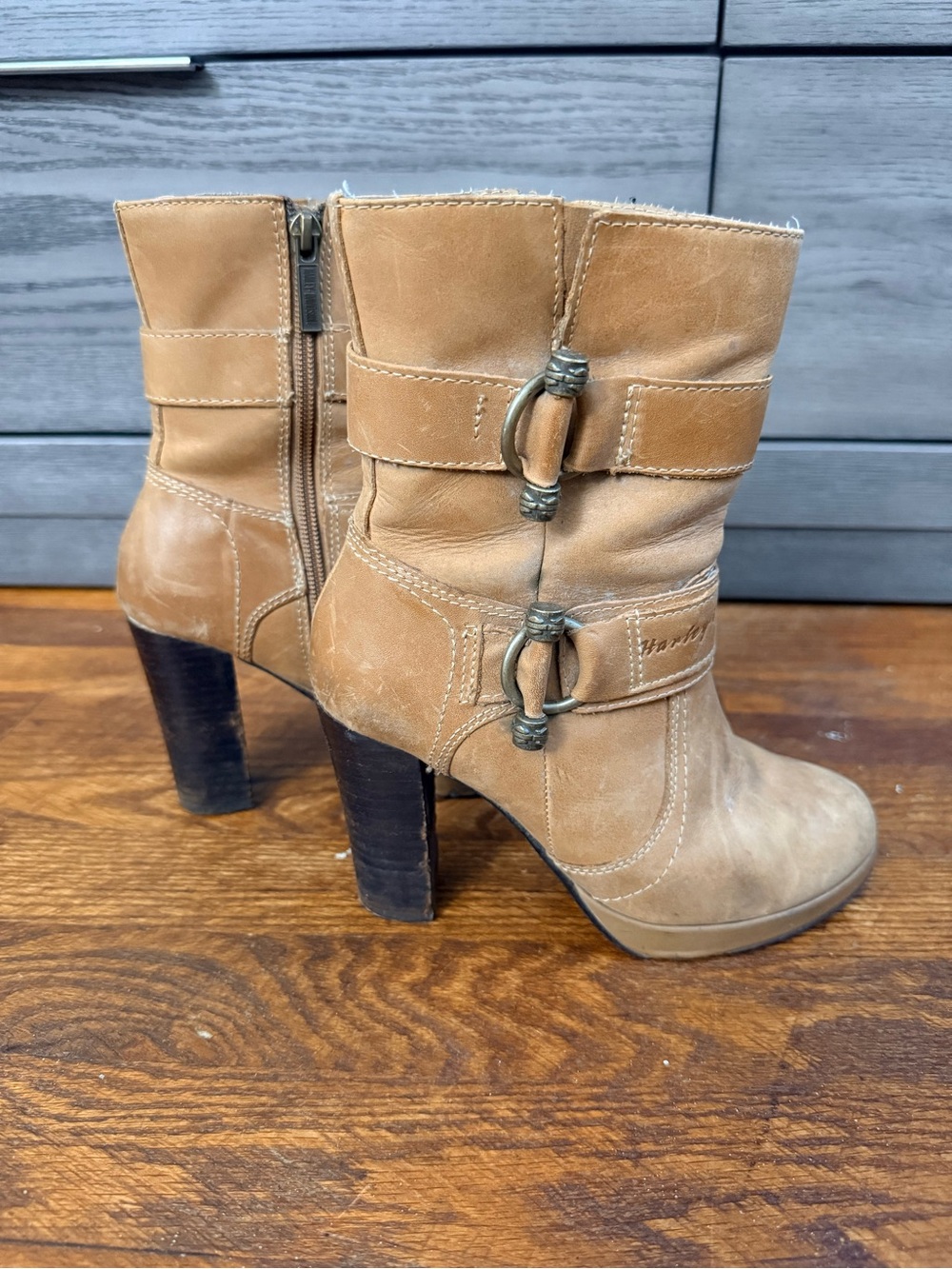 Harley-Davidson Tan Suede Mid-Calf Heeled Boots